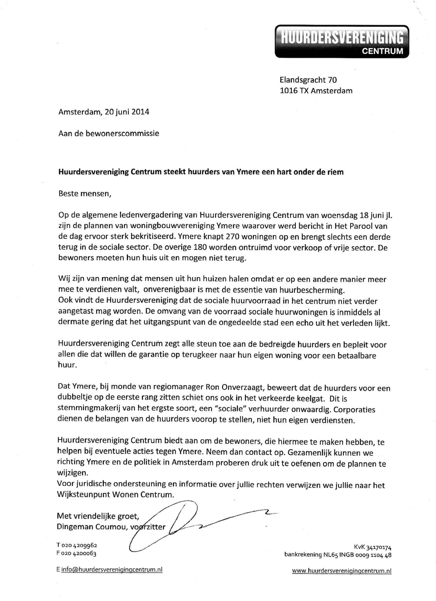 Brief HvC over Ymere plannen